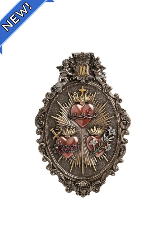 Three Hearts resin plaque in lightly hand-painted cold cast bronze 9x14" # 4426