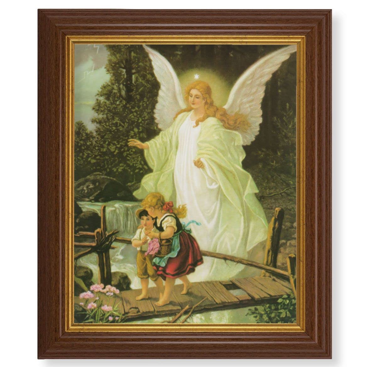 Guadian Angel with Children, 10.5"x12.5" Walnut Finished Fluted Frame, Gold Beaded Lip, Italian Print # 27065