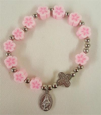 Pink Floral Stretch Children's Rosary Bracelet, 12-Count Value Pack, # 2077