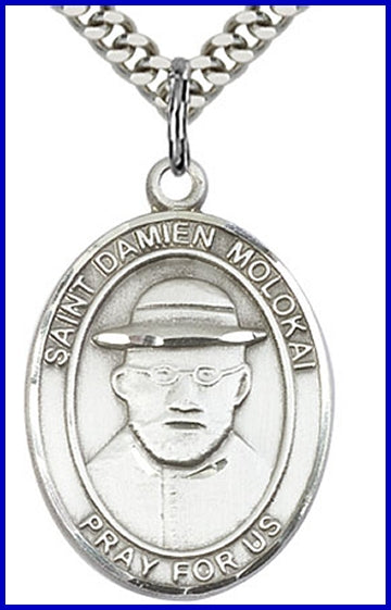 St. Damien of Molokai Medal, Sterling Silver, 1"x3/4", Your choice of chain, # 45017