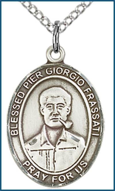 Sterling Silver Medal, 3/4"x9/16", Blessed Pier Giorgio Frassati, Your Choice of Chain, # 45031