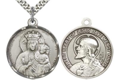 Our Lady of Czestochowa / Sacred Heart Medal, Sterling, 15/16", Your Choice of Chain, # 45050