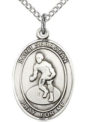 Wrestling / St. Sebastian Medal, Sterling Silver, 3/4"x9/16", Your Choice of Chain, # 45094