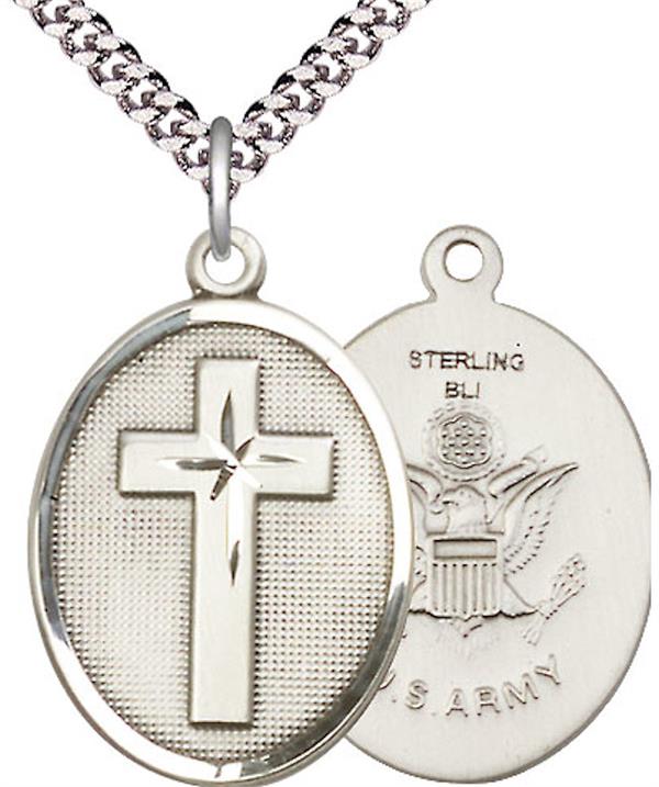 Army Oval Cross Medal, 1" tall, Sterling Silver, Your Choice of Chain, # 45186