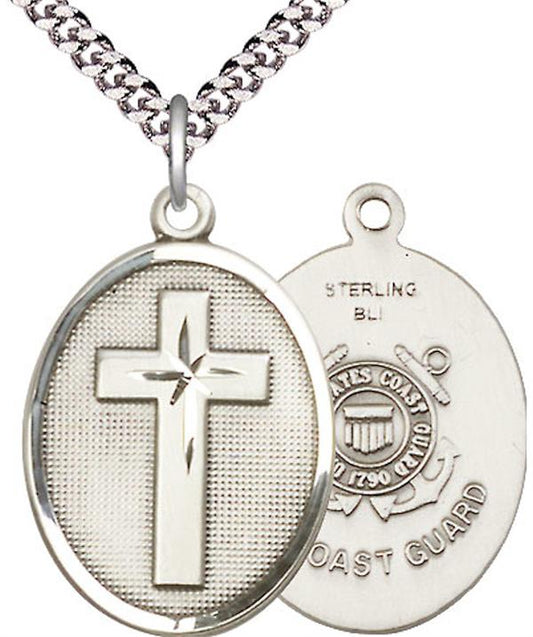 Coast Guard Oval Cross Medal, 1" tall, Sterling Silver, 24"  Chain, # 45187-sale