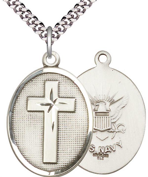 Navy Oval Cross Medal, 1" tall, Sterling Silver, Your Choice of Chain, # 45190