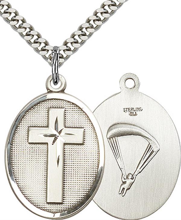 Oval Cross Paratrooper Skydiving Medal, 1" tall, Sterling Silver, Your Choice of Chain, # 45191