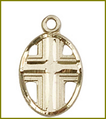 Terraced Oval Cross, 1/2", Solid 18kt Gold, Free Chain, # 45418
