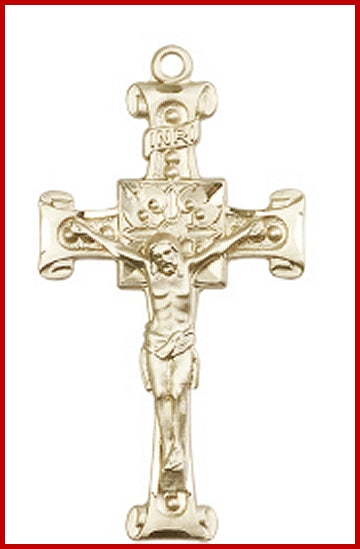1-3/4" Scroll Crucifix, Solid 18kt Gold, Free Chain, # 45511
