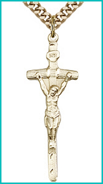 1-3/8" Papal Crucifix in 14kt Gold Filled, your choice of chain, # 45526