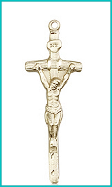 1-3/8" Papal Crucifix in Solid 14kt Gold, Free Chain, # 45527