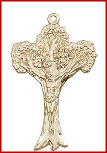 1-5/8" Tree of Life Crucifix, Solid 14kt Gold, Free Chain, # 45540