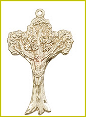 1" Tree of Life Crucifix, Solid 18kt Gold, Free Chain, # 45545