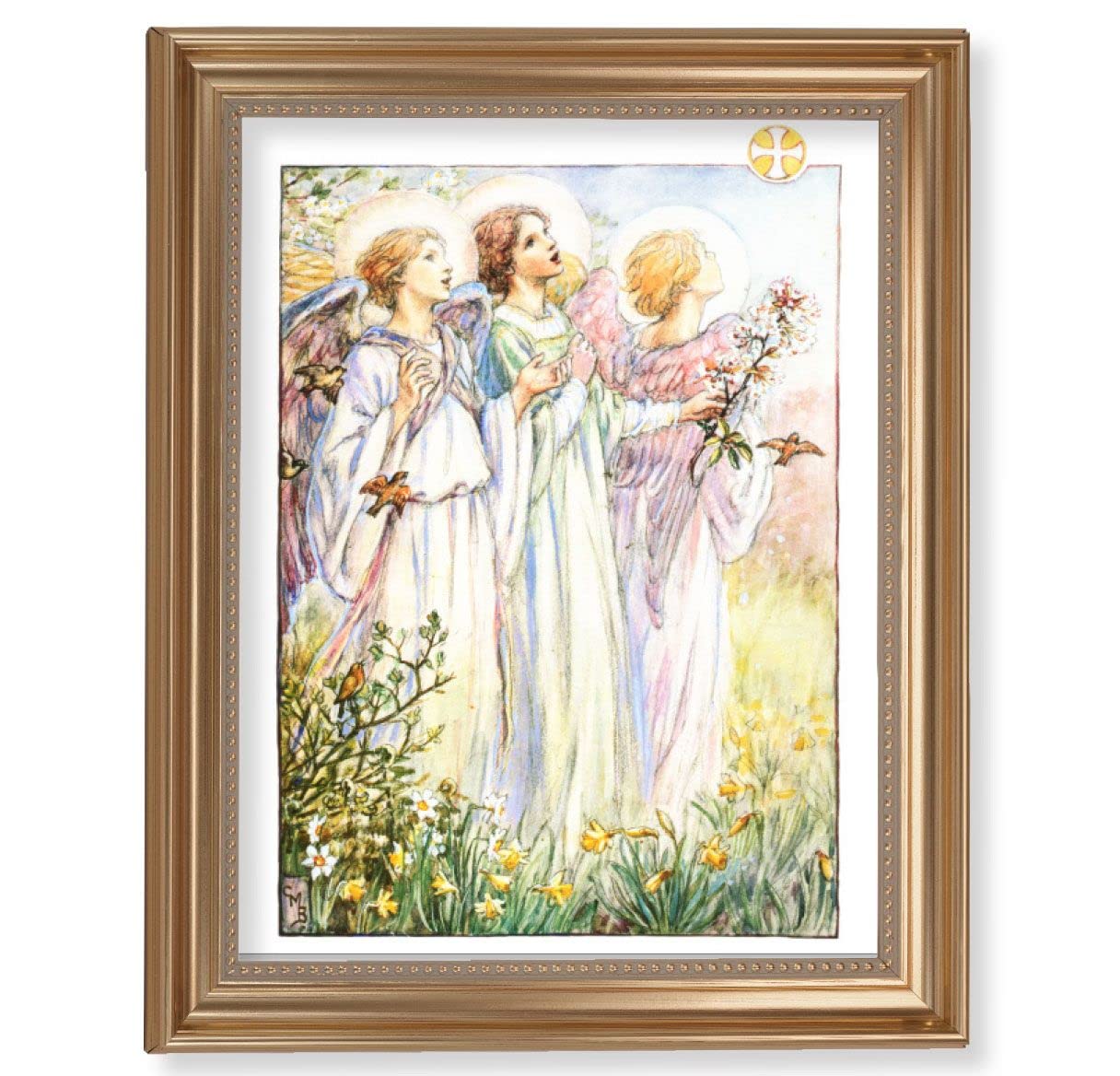Three Angels Picture, 13-1/2"x16-9/16 Gold-Leaf Fluted Frame with Beaded Lip, Textured Italian Print # 25313
