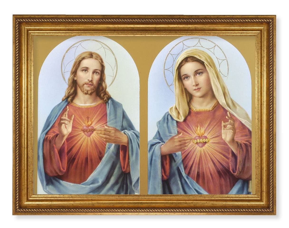 The Sacred Hearts Picture, 24"x31" Antique Gold Finish Frame with Rope Detail , Italian Print # 22078