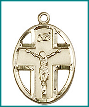 3/4" Oval Crucifix in Solid 18kt Gold, Free Chain, # 45623