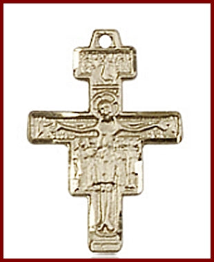 5/8" San Damiano Crucifix in Solid 14kt Gold, Free Chain, # 45708