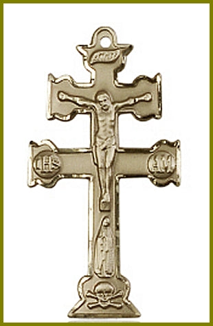 2" Caravaca Crucifix in Solid 18kt Gold, Free Chain, # 45715