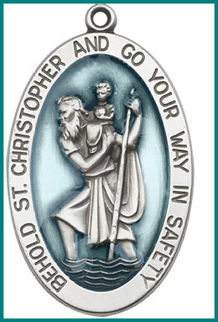 Keychain, Silver Oxide Finish, St. Christopher with Blue Enamel, 1-5/8", # 45748
