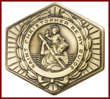 Visor Clip, Bronze Oxide Finish, St. Christopher, 1-5/8" wide, # 45774