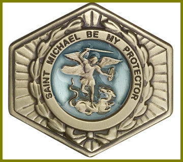 Visor Clip, Bronze Oxide Finish, St. Michael, Blue Enamel, 1-1/2" wide, # 45776