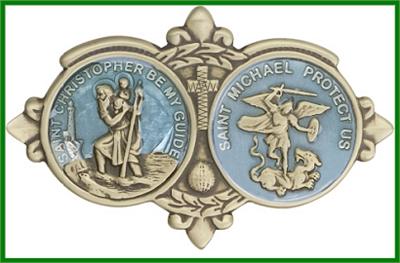 Visor Clip, Bronze Oxide Finish, Saints Michael and Christopher, Blue Enamel, 3-1/8" wide, # 45782