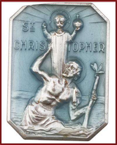 Visor Clip, Silver Oxide Finish, St. Christopher, Blue Enamel, 1-3/8" tall, # 45797