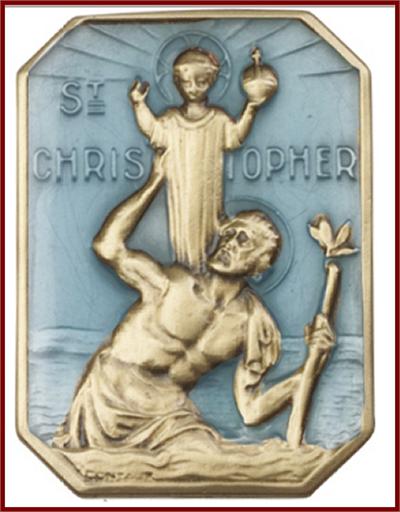 Visor Clip, Bronze Oxide Finish, St. Christopher, Blue Enamel, 1-3/8" tall, # 45798
