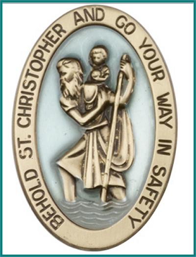 Visor Clip, Bronze Oxide Finish, St. Christopher, Blue Enamel, 1-1/2" tall, # 45801