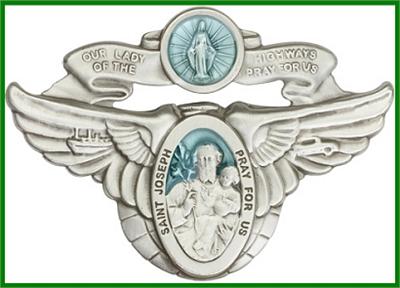 Visor Clip, Silver Oxide Finish, Blue Enamel, Lady of the Highway / St Joseph, 3" wide, # 45857