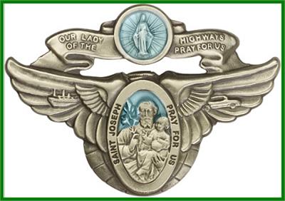 Visor Clip, Bronze Oxide Finish, Blue Enamel, Lady of the Highway / St Joseph, 3" wide, # 45858