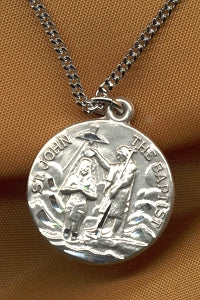 St. John the Baptist Medal in Sterling,measures 3/4", Your Choice of Chain # 4590