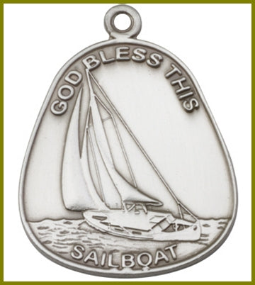 Keychain, Silver Oxide Finish, God Bless This Sailboat, 1-7/8" tall, # 45998
