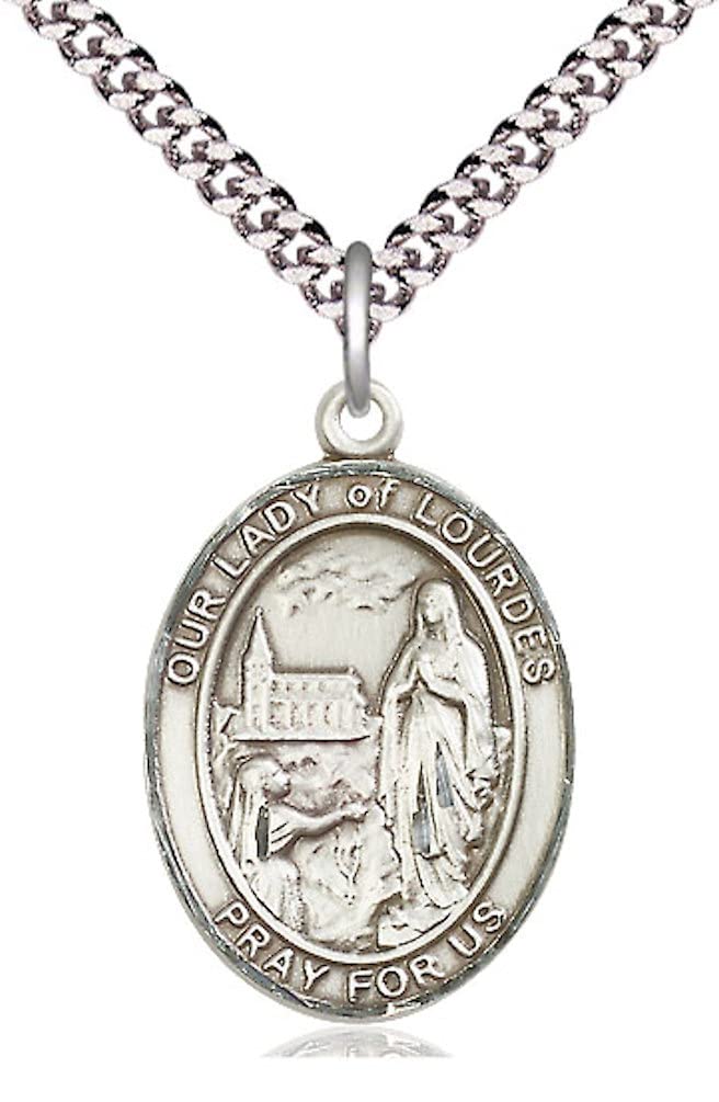 Our Lady of Lourdes Medal in Fine Pewter, 1" tall, Your Choice of Chain, # 4868