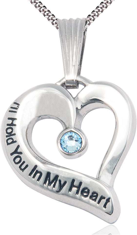 I'll Hold You In My Heart Sterling Necklace, 1" tall with 3mm Aqua Swarovski Birthstone and Your Choice of Chain, # 4675