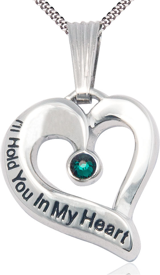 I'll Hold You In My Heart Sterling Necklace, 1" tall with 3mm Emerald Swarovski Birthstone and Your Choice of Chain, # 4677