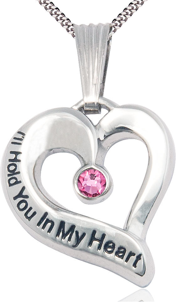 I'll Hold You In My Heart Sterling Necklace, 1" tall with 3mm Rose Swarovski Birthstone and Your Choice of Chain, # 4682
