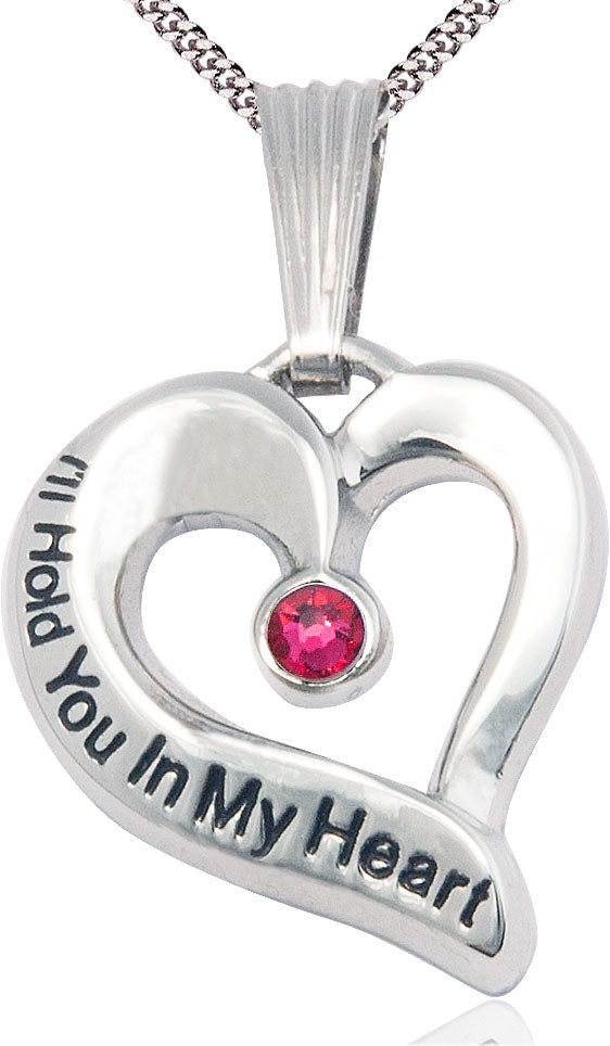 I'll Hold You In My Heart Sterling Necklace, 1" tall with 3mm Ruby Swarovski Birthstone and Your Choice of Chain, # 4683