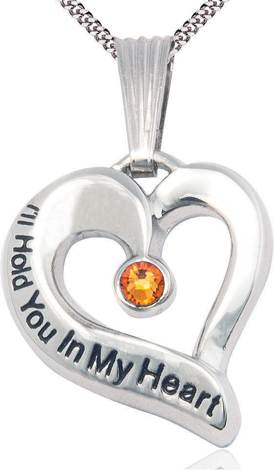 I'll Hold You In My Heart Sterling Necklace, 1" tall with 3mm Topaz Swarovski Birthstone and Your Choice of Chain, # 4685
