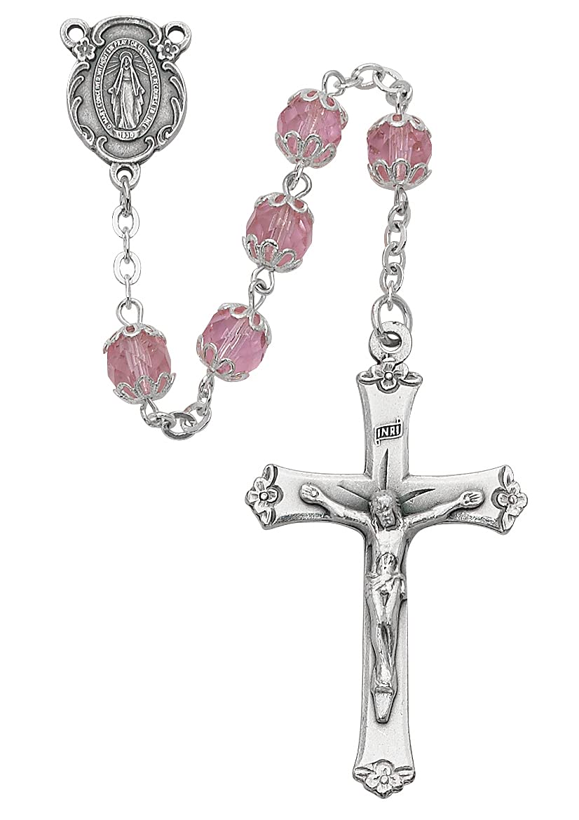 Rosary with 7mm Pink Capped Beads, Silver Oxide Center and 1-7/8" Crucifix # 21220