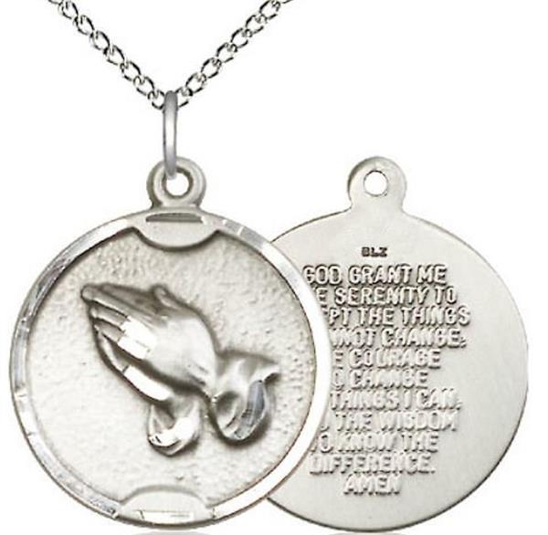 Praying Hands Serenity Medal Necklace in Fine Pewter, 3/4", Your Choice of Chain, # 4792