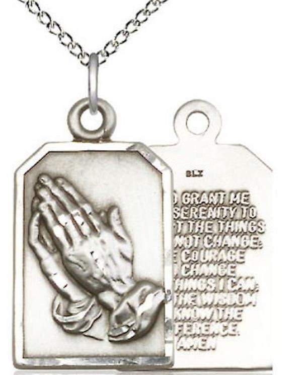 Praying Hands Serenity Medal Necklace in Fine Pewter, 13/16", Your Choice of Chain, # 4793