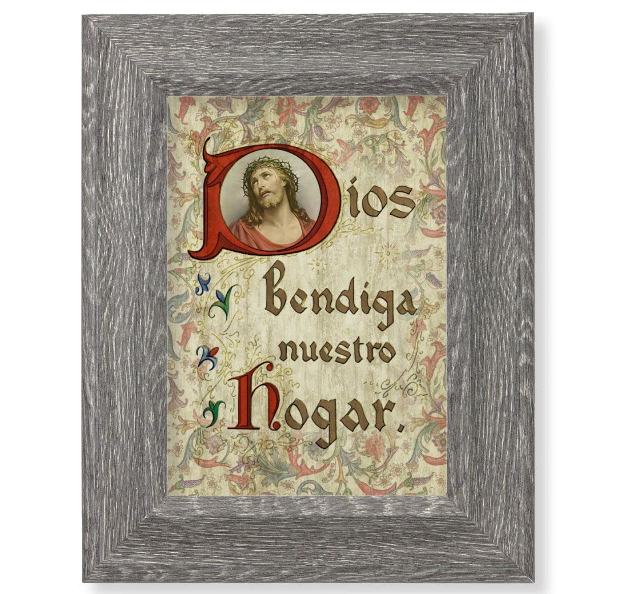 Spanish God Bless Our Home Print on Wood, 7-1/2"x9-1/2 Dark Gray Weathered Frame, Italian # 28053