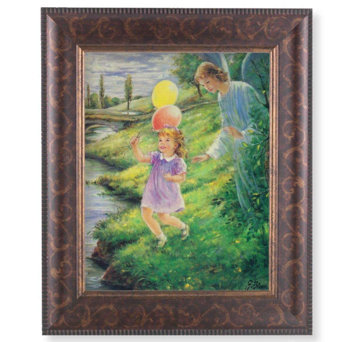 Guardian Angel with Girl Picture, 11-1/4"x13-1/4, Antique Gold & Espresso Frame, Italian Print Under Glass # 25940