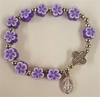 Purple Floral Stretch Children's Rosary Bracelet, 12-Count Value Pack, # 2123