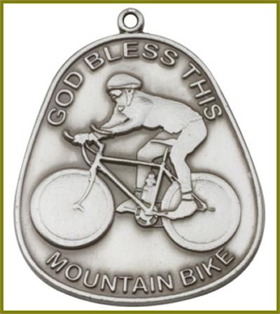 Keychain, Silver Oxide Finish, God Bless This Mountain Bike, 1-7/8" tall, # 48011