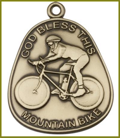 Keychain, Bronze Oxide Finish, God Bless This Mountain Bike, 1-7/8" tall, # 48012