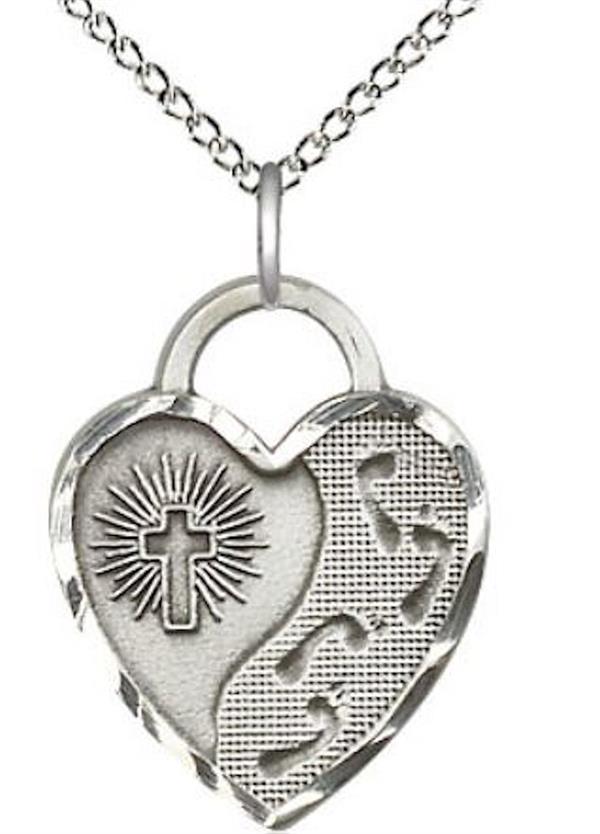 Footprints in the Sand Heart Medal in Fine Pewter, 11/16", Your Choice of Chain, # 4803