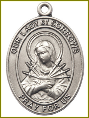 Keychain, Silver Oxide Finish, Our Lady of Sorrows, 1-7/8" tall, # 48058