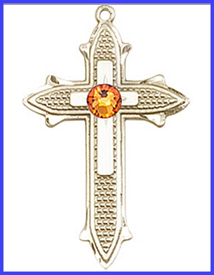 7/8" Solid 18kt Gold Cross, Your Choice of 3mm Swarovski Birthstone (Topaz Displayed), Free Chain, # 48401